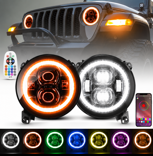 9” Inch RGB halo Headlights with Bluetooth for 2018-2023+ Wrangler JL Gladiator JT Accessories
