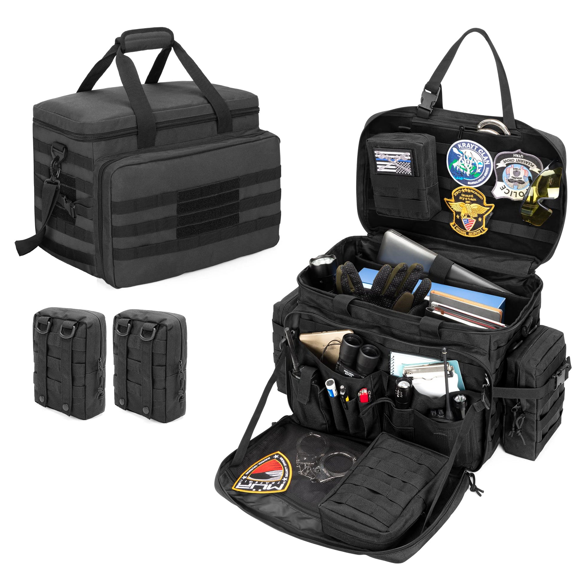 Patrol Bag Law Enforcement, Duty Bag for Police Equipment with 2 Detachable MOLLE Pouches & Laptop Layer (up to 15.6"), Bailout Tactical Organizer for Car Front Seat - OHMU
