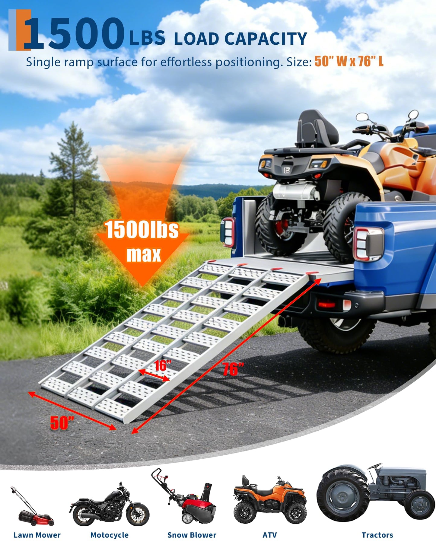 Aluminum Tri-Fold Ramp with Treads—1,500lb Capacity/500lb per Section, 50” W x 76” L