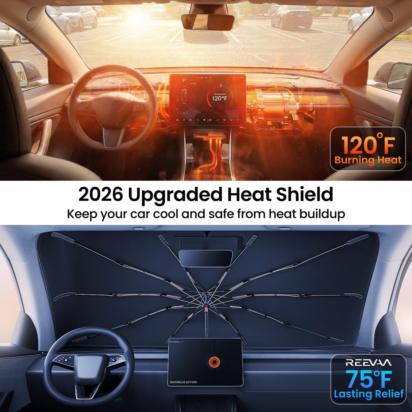 Truck Windshield Umbrella Sun Shade - Ice Crystal Coating, 99.9% UV/Heat Block for F-150/Silverado/Tundra/RAM/Sierra