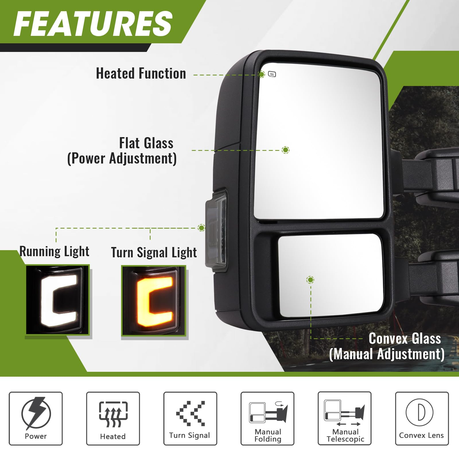 C-type Upgrade Towing Mirrors for 1999-2016 F250 F350 F450 F550 with Power Glass - OHMU