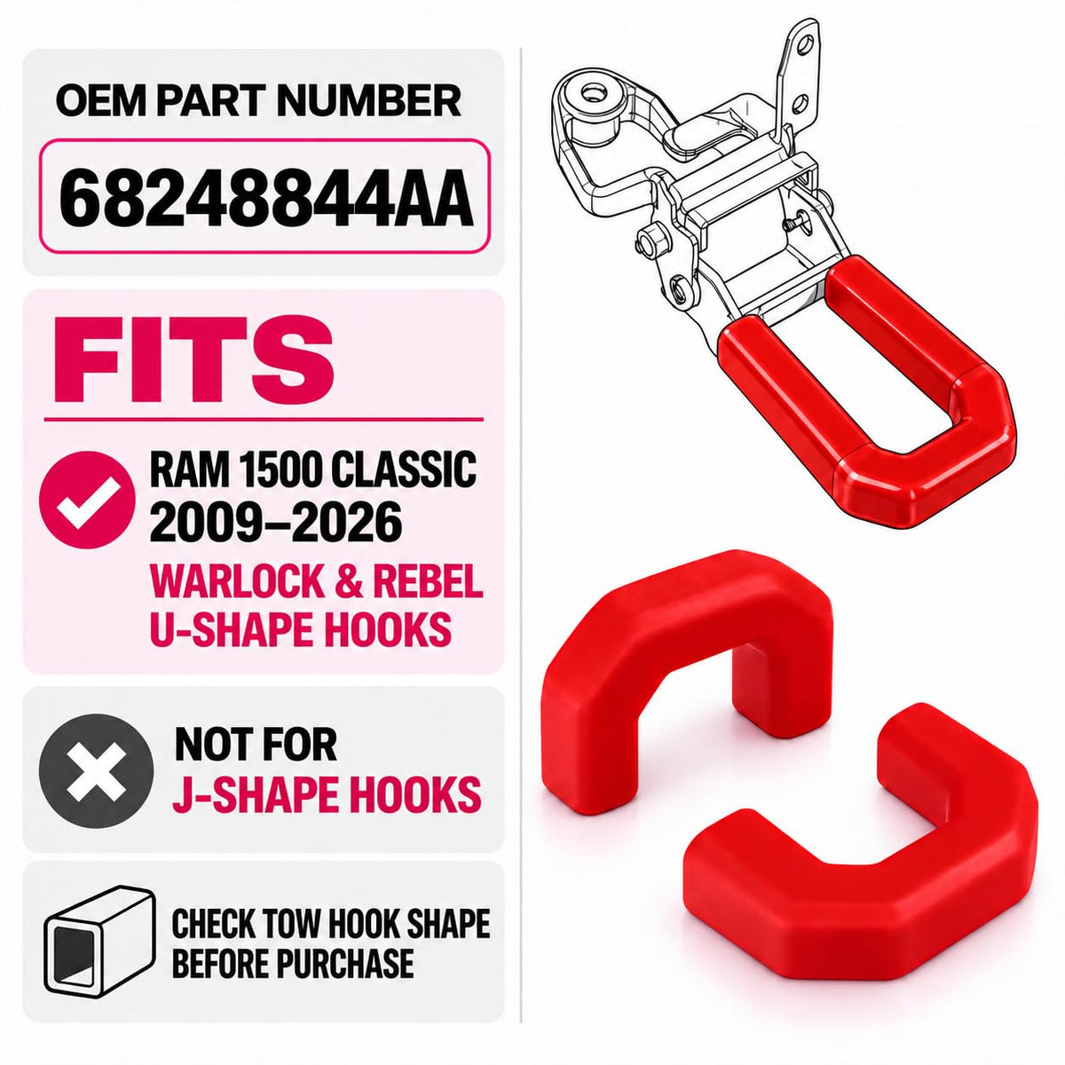 Tow Hook Covers for RAM 1500 Classic 2009-2025 Warlock & Rebel, U-Shape