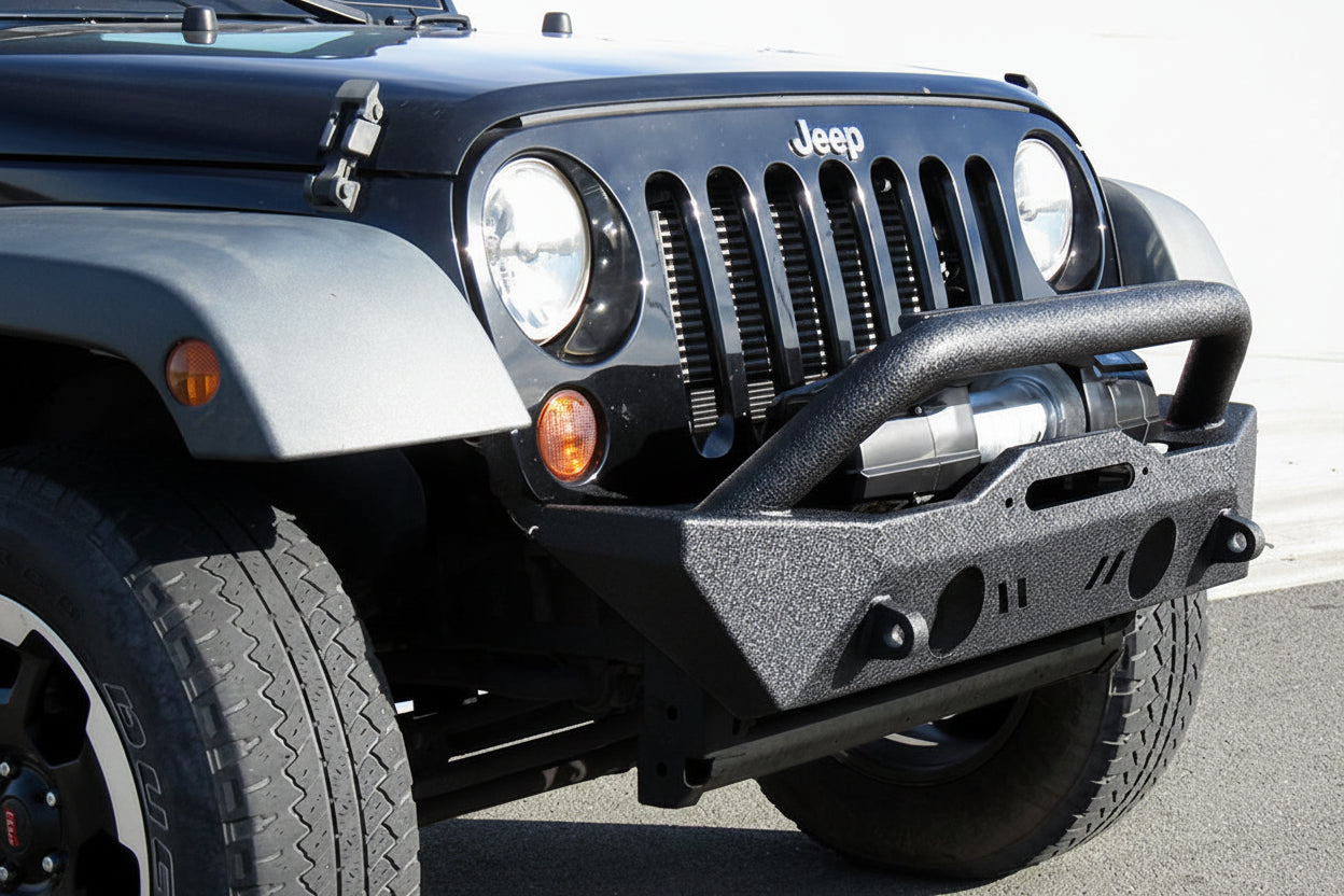 Compact Stubby Front Bumper for Jeep JK/JL/Gladiator - Winch Plate, Textured Black