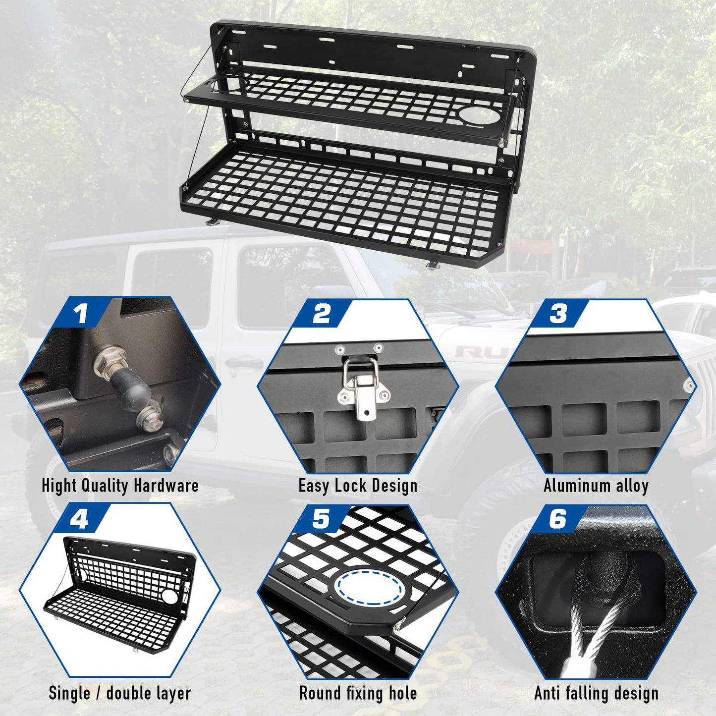 2-Tier Tailgate Table Rear Foldable Storage Cargo Rack for 2007-2022 Jeep Wrangler JK&JL