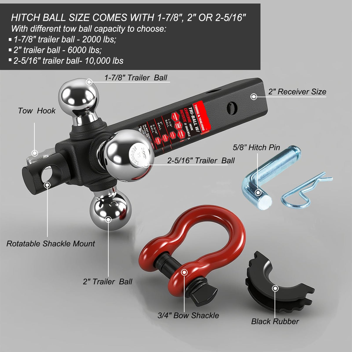 10,000 lb Tri-Ball Mount with Shackle for 2" Hitch - Rotatable Locking, Chrome Balls (1-7/8"/2"/2-5/16")