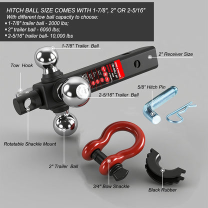 10,000 lb Tri-Ball Mount with Shackle for 2" Hitch - Rotatable Locking, Chrome Balls (1-7/8"/2"/2-5/16")