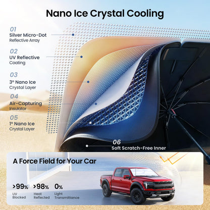 Truck Windshield Umbrella Sun Shade - Ice Crystal Coating, 99.9% UV/Heat Block for F-150/Silverado/Tundra/RAM/Sierra