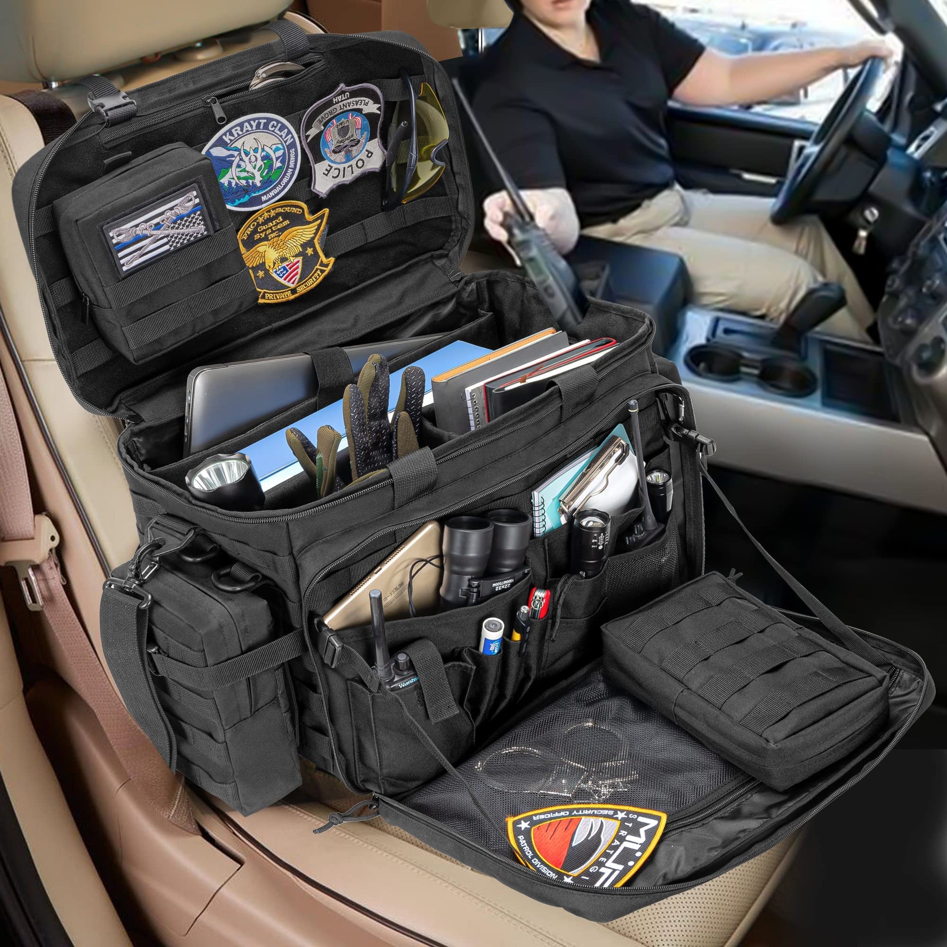 Patrol Bag Law Enforcement, Duty Bag for Police Equipment with 2 Detachable MOLLE Pouches & Laptop Layer (up to 15.6"), Bailout Tactical Organizer for Car Front Seat - OHMU