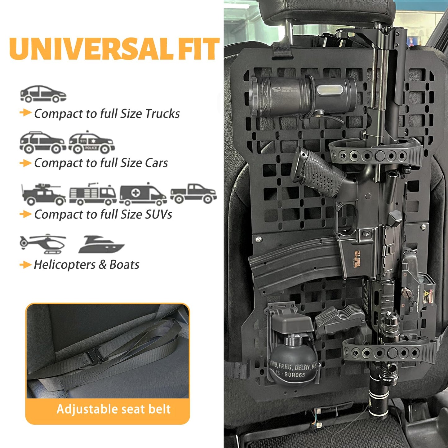Universal MOLLE Panel for Trucks - Tactical Seat Back Organizer with Gun Mount