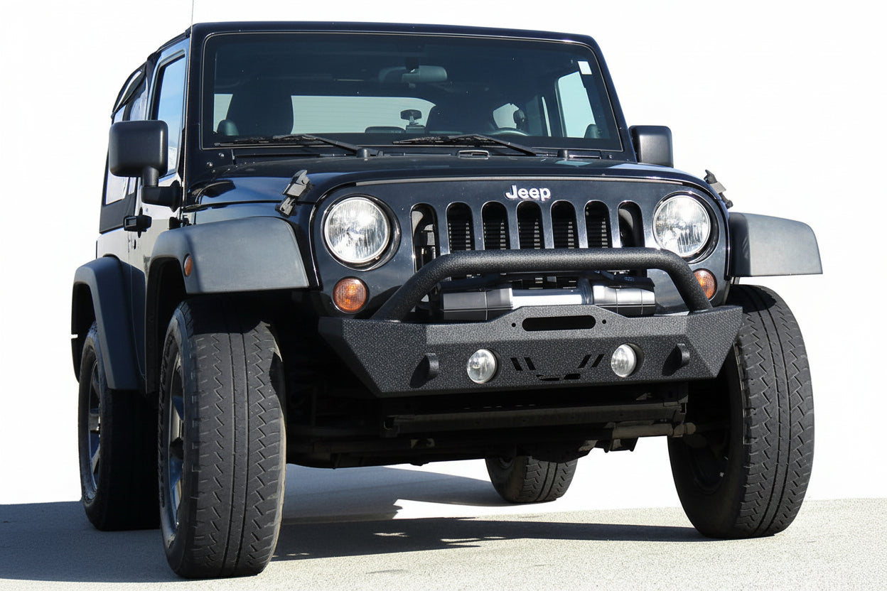Compact Stubby Front Bumper for Jeep JK/JL/Gladiator - Winch Plate, Textured Black