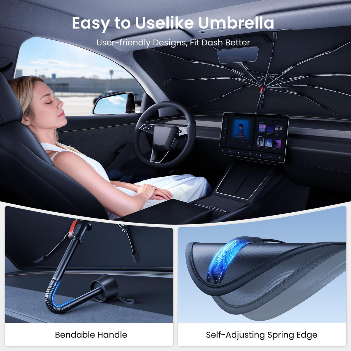 Truck Windshield Umbrella Sun Shade - Ice Crystal Coating, 99.9% UV/Heat Block for F-150/Silverado/Tundra/RAM/Sierra
