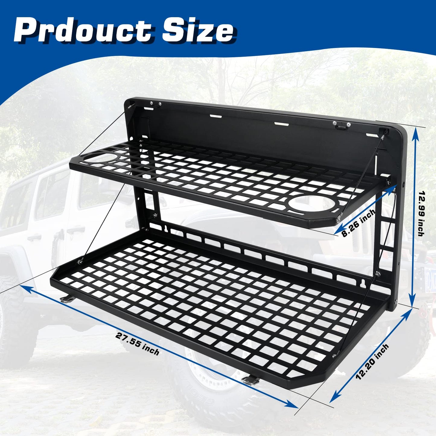2-Tier Tailgate Table Rear Foldable Storage Cargo Rack for 2007-2022 Jeep Wrangler JK&JL