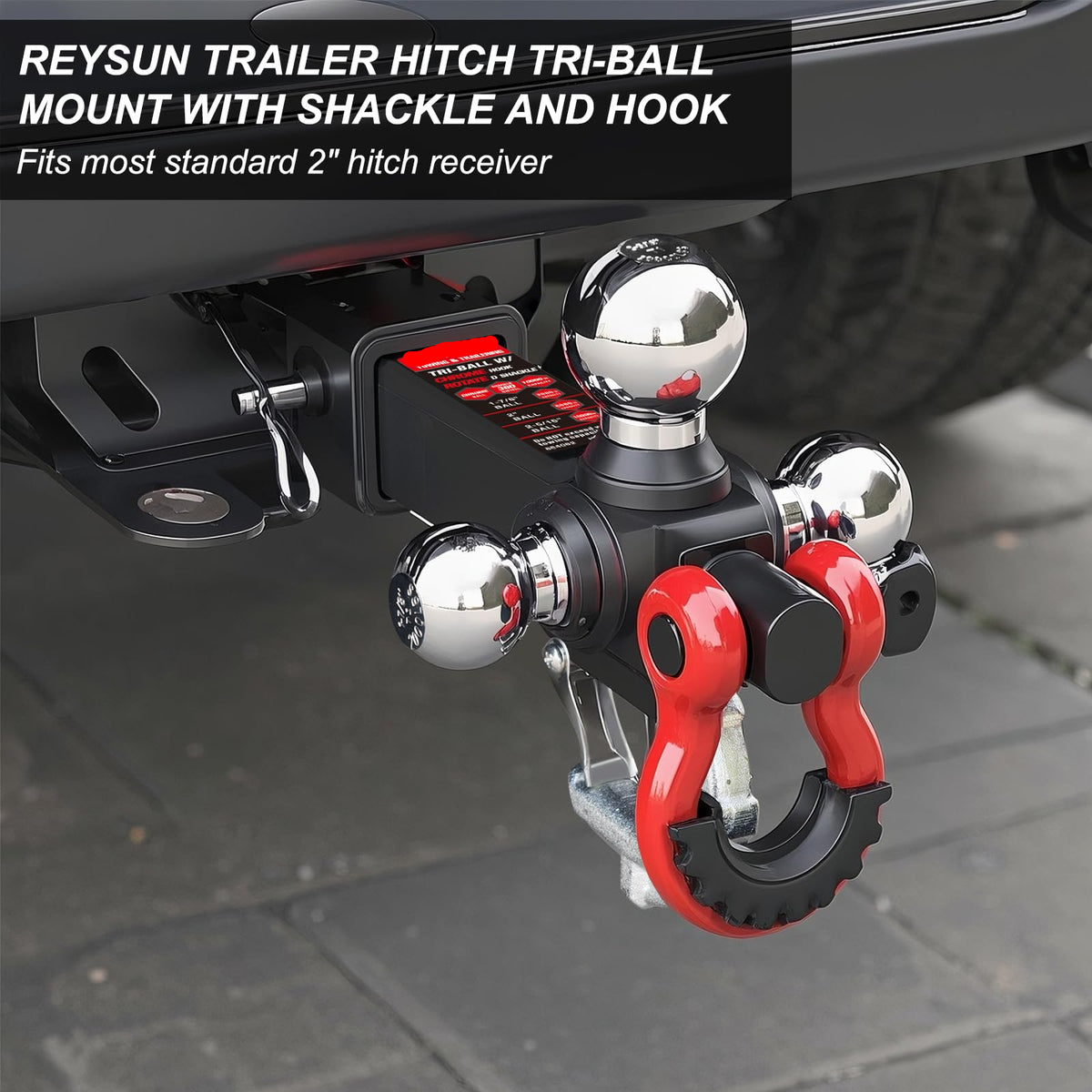10,000 lb Tri-Ball Mount with Shackle for 2" Hitch - Rotatable Locking, Chrome Balls (1-7/8"/2"/2-5/16")