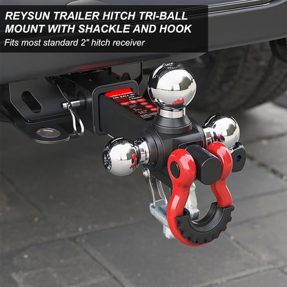 10,000 lb Tri-Ball Mount with Shackle for 2" Hitch - Rotatable Locking, Chrome Balls (1-7/8"/2"/2-5/16")