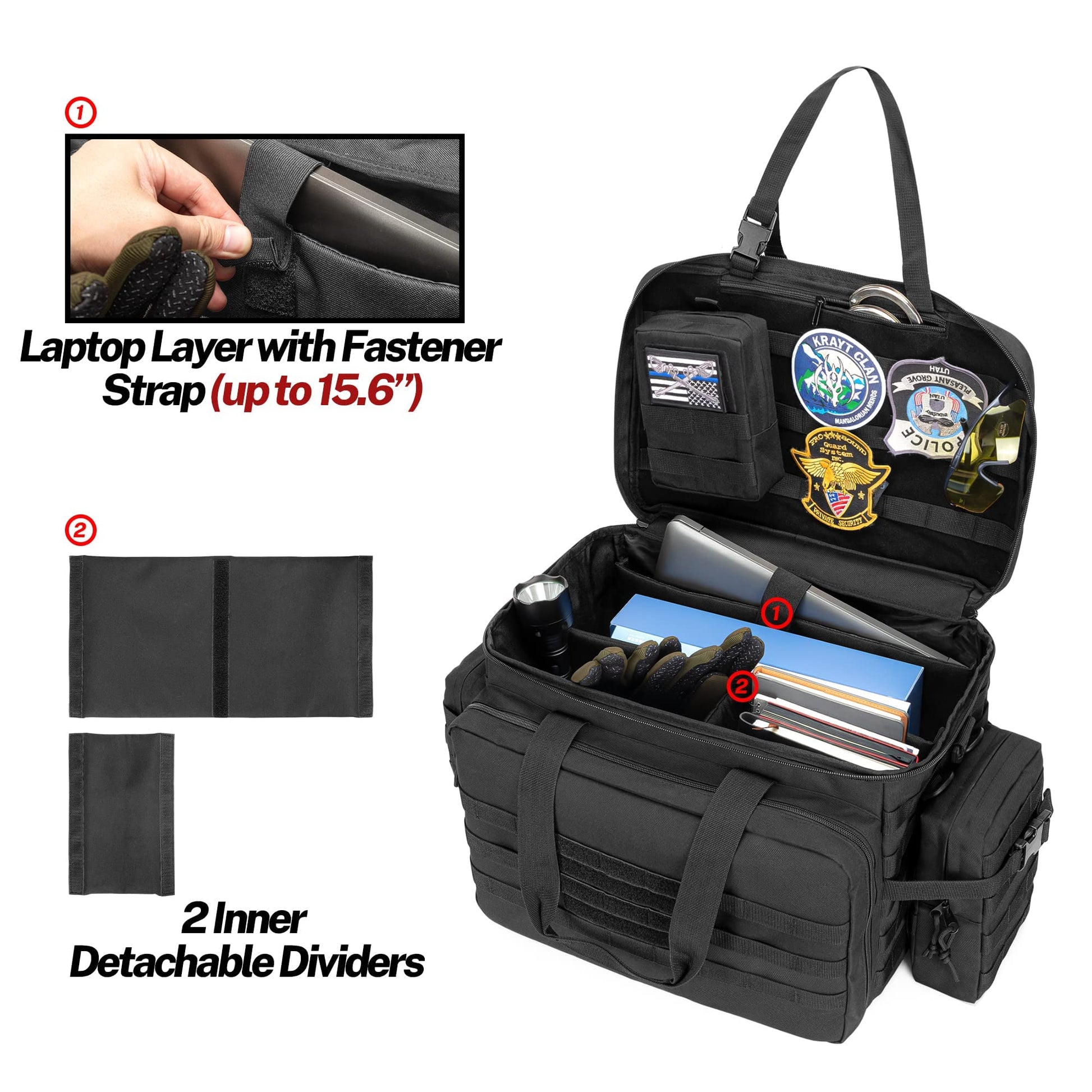 Patrol Bag Law Enforcement, Duty Bag for Police Equipment with 2 Detachable MOLLE Pouches & Laptop Layer (up to 15.6"), Bailout Tactical Organizer for Car Front Seat - OHMU