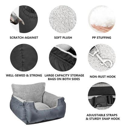 Dog Car Seat with Storage Pockets and Clip-On Leash Portable Car Travel Carrier Bed for Small Dogs