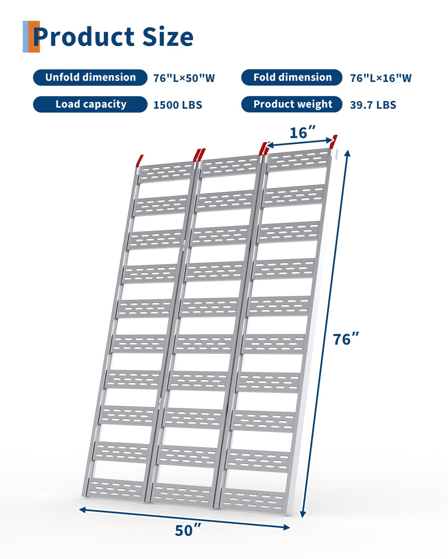 Aluminum Tri-Fold Ramp with Treads—1,500lb Capacity/500lb per Section, 50” W x 76” L