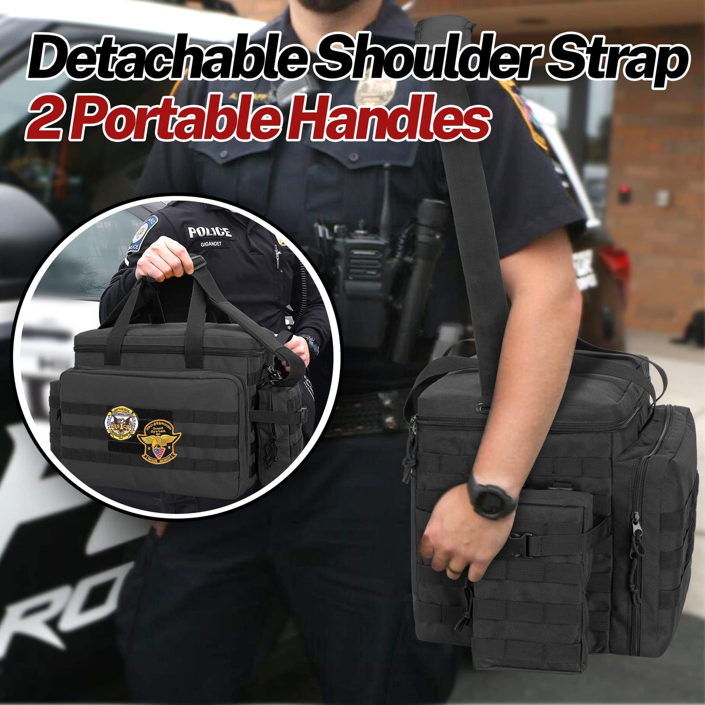 Patrol Bag Law Enforcement, Duty Bag for Police Equipment with 2 Detachable MOLLE Pouches & Laptop Layer (up to 15.6"), Bailout Tactical Organizer for Car Front Seat - OHMU