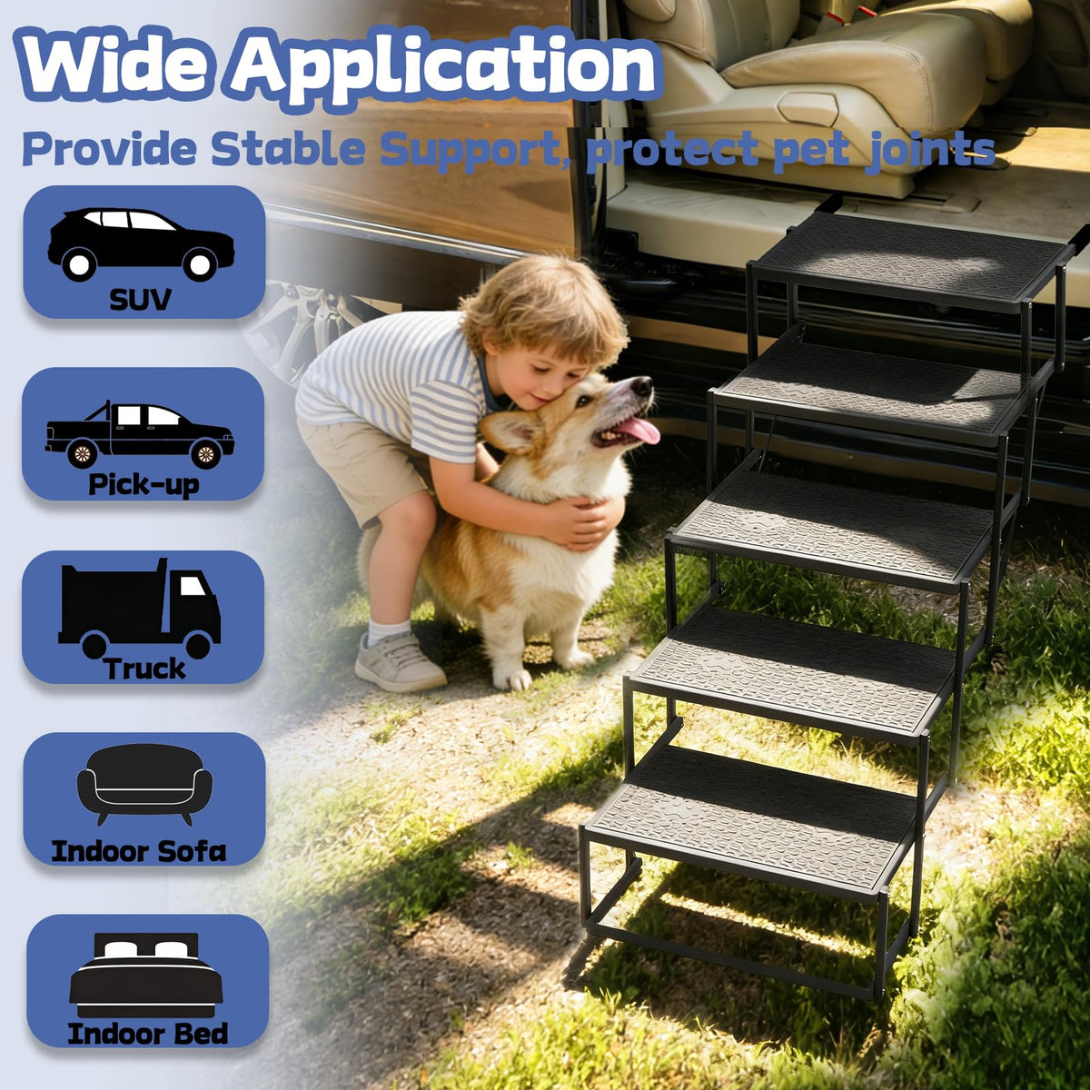5-Step Dog Car Stairs - Upgraded Load Capacity for Large Dogs, Sturdy Portable Design