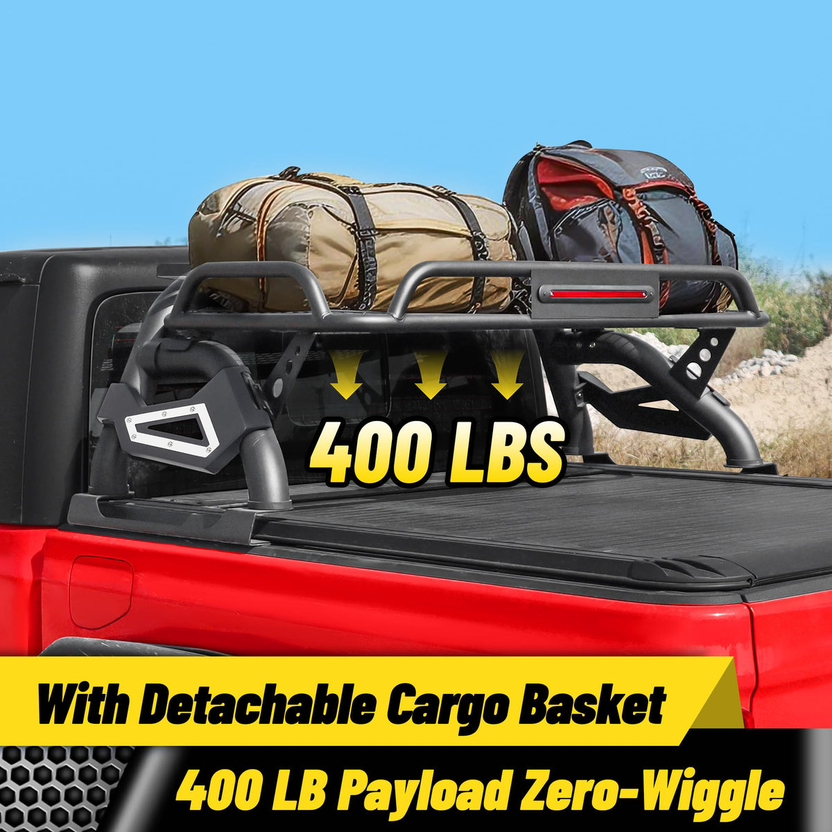 Truck Roll Bar with Cargo Carrier Basket Compatible with Ford F150, Ram 1500, Chevy Silverado, Tundra, Titan & GMC Sierra