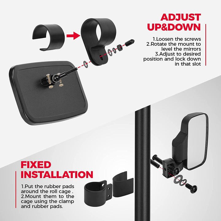 UTV SIDE MIRRORS AND CENTER MIRROR WITH 1.75" TO 2" ROLL BAR CAGE