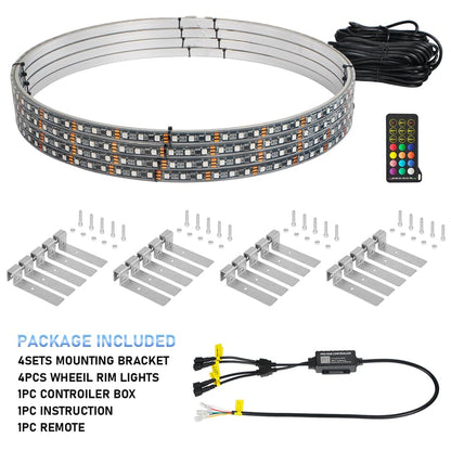 【EASY INSTALL】4Pcs 15.5 inch Led Wheel Ring Lighting Kit Single Row Chase Dancing Color Neon Rim Light with W/Turn Signal & Braking - OHMU