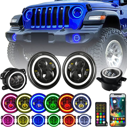 7 inch RGB Halo LED Headlights + 4 inch Fog Lights fits1997-2018 Jeep Wrangler TJ JK LJ