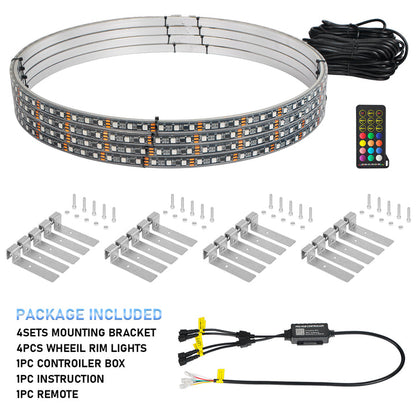 【EASY INSTALL】4Pcs 17 inch Led Wheel Ring Lighting Kit with 288LEDs Single Row Chasing Dancing Color Neon Rim Light with W/Turn Signal & Braking - OHMU