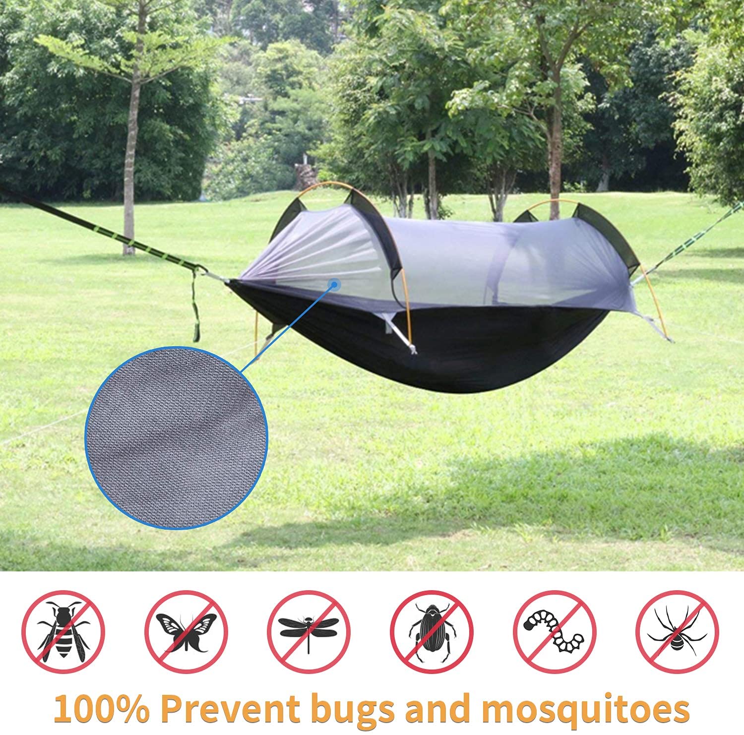 Camping Hammock Tent with Mosquito Net and Rainfly Cover (Orange) - OHMU