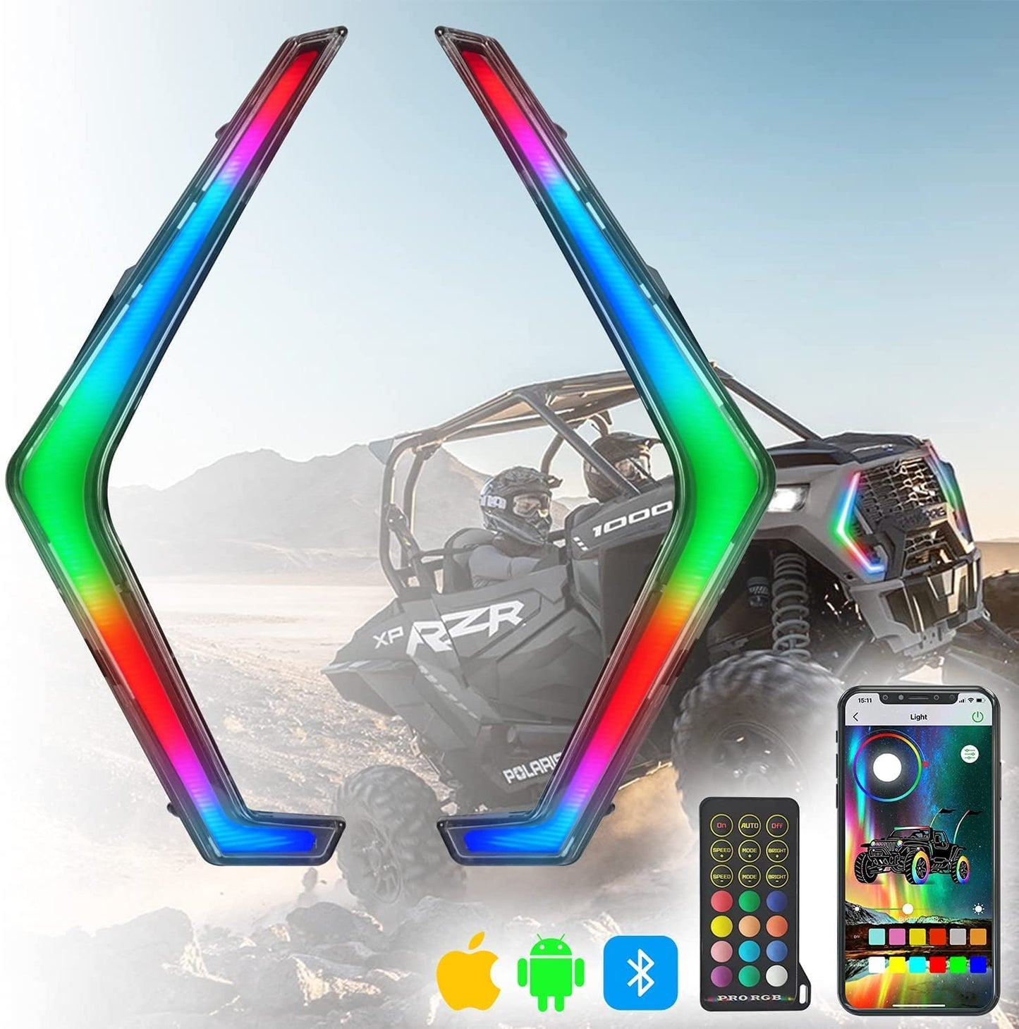 Polaris RZR RGB Turn Signal Fang Light,Bluetooth and Remote Control Spiral RGB Chase Light Compatible for 2019 2020 2021 Polaris RZR XP 1000 Turbo