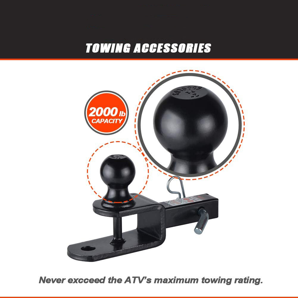ATV Hitch Ball Mount 2 inch Ball with 1-1/4 inch Solid Shank, with 1/2 inch Pin & Clip, Rated 2000 lbs