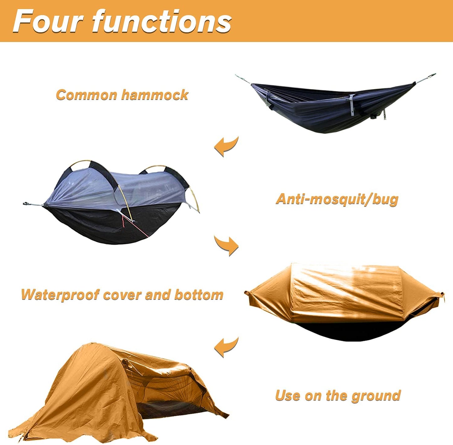 Camping Hammock Tent with Mosquito Net and Rainfly Cover (Orange)