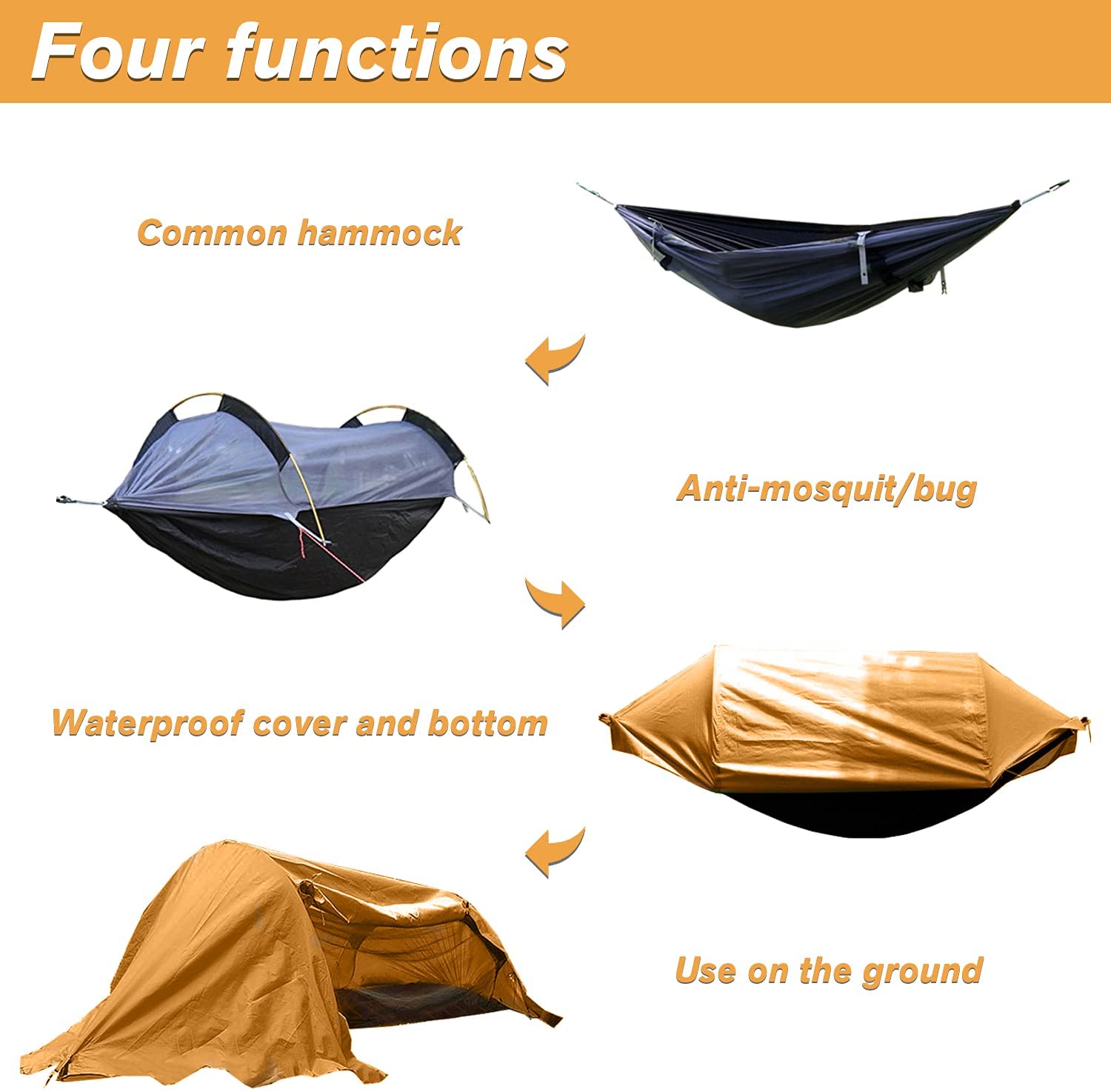 Camping Hammock Tent with Mosquito Net and Rainfly Cover (Orange) - OHMU