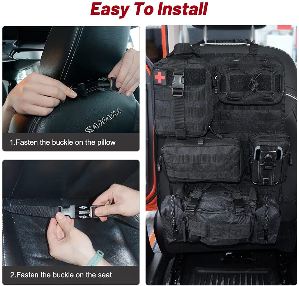 Universal Tactical Vehicle Seat Back Organizer with 5 Detachable Molle Pouch