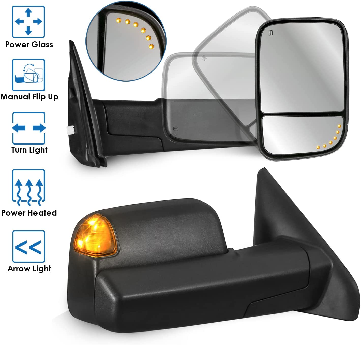 Power Heated Towing Mirrors Compatible for 02-09 Ram Flip Up Left Right Pair w/Arrow Light and Turn Signal Light (Set of 2) - OHMU