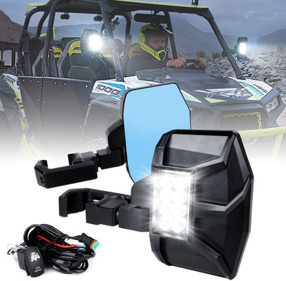 UTV RZR Side Rear View Mirrors w/ LED Lights,Wiring Harness and Rocker Switch