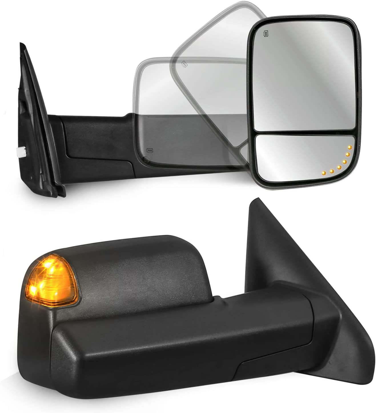 Power Heated Towing Mirrors Compatible for 02-09 Ram Flip Up Left Right Pair w/Arrow Light and Turn Signal Light (Set of 2) - OHMU