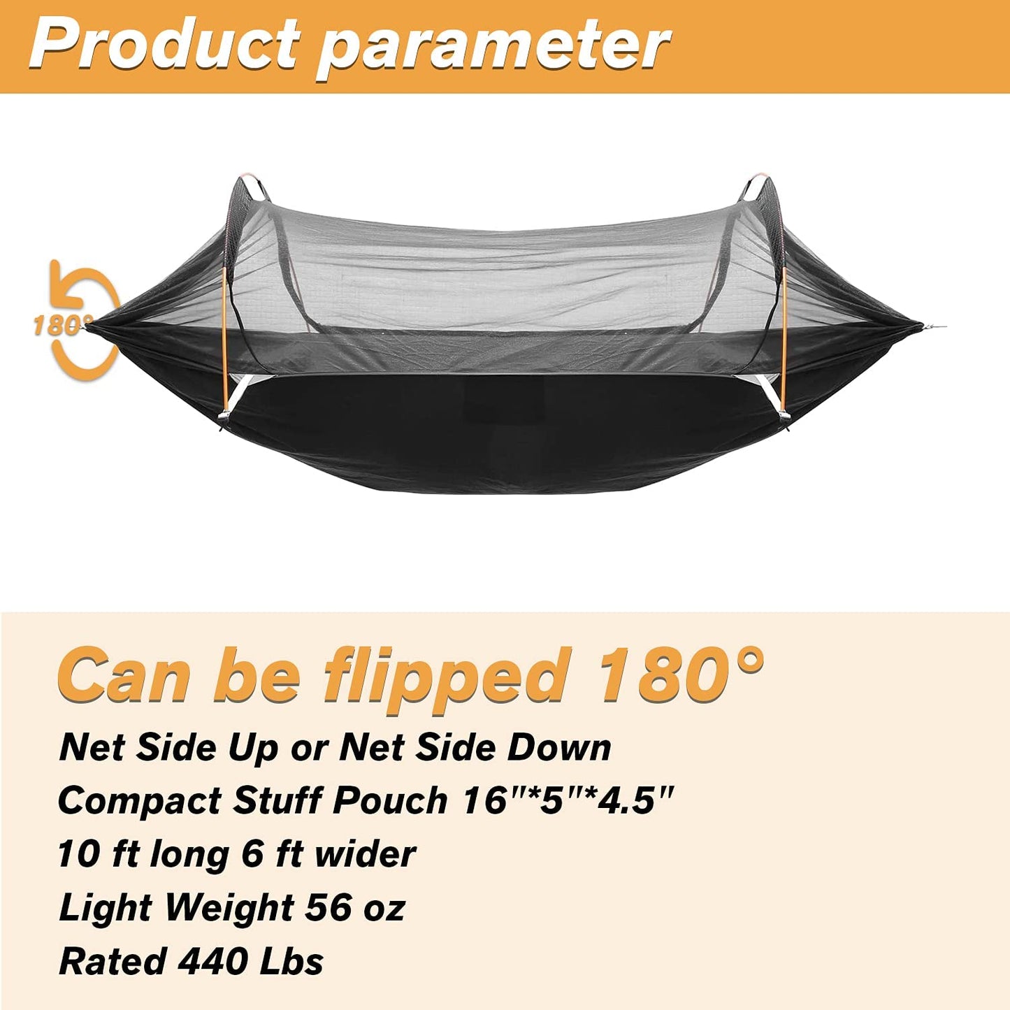 Camping Hammock Tent with Mosquito Net and Rainfly Cover (Orange) - OHMU