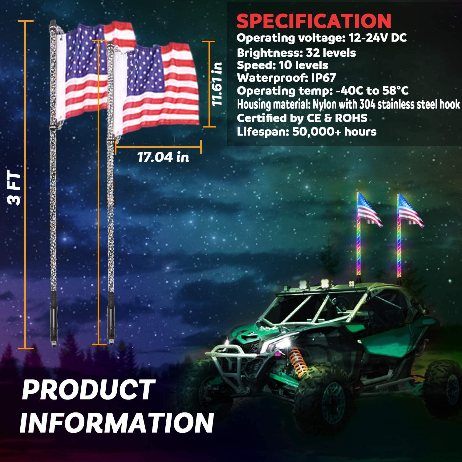 Whip Lights - AUTOOMMO 2Pcs 3FT Spiral RGB LED Chasing Whip Light with  American Gadsden Skull Flags Remote and APP Control 300 Flash Patterns for  UTV