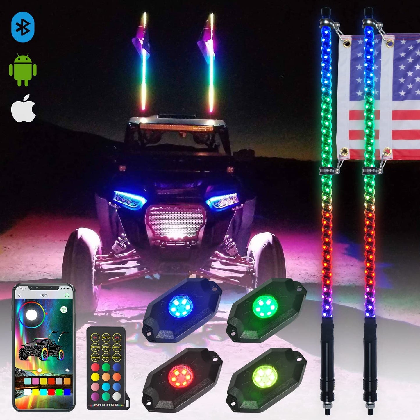 3/4FT 2Pcs Spiral RGB Whip Lights with 4 pods Rock Lights Cambo