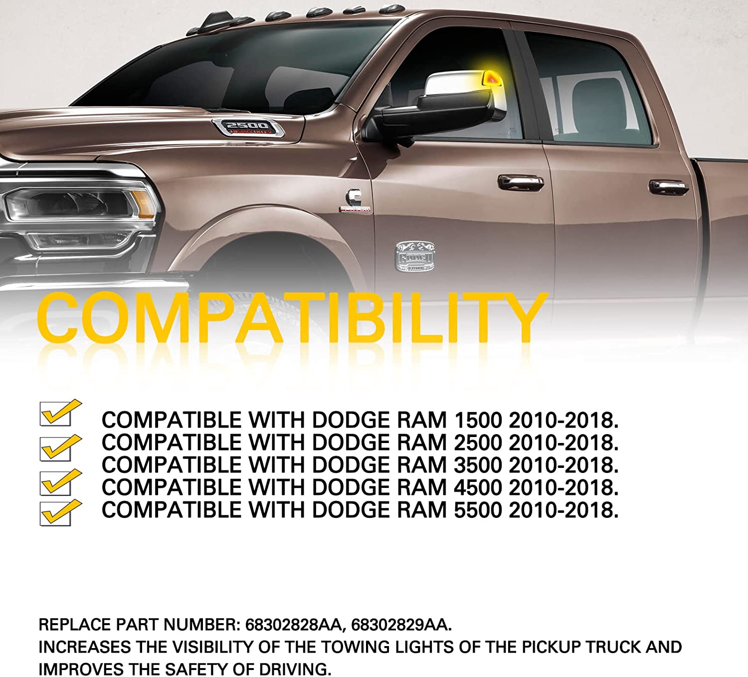 LED Side Towing Mirror Indicator Light for 2010-2018 Dodge RAM 1500 2500 3500 - OHMU