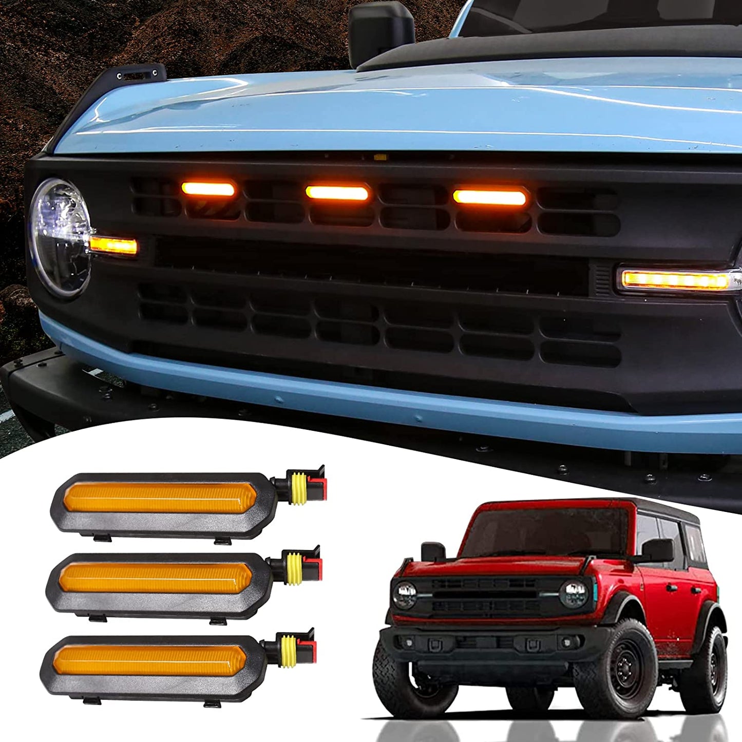 3PCS Front LED Grille Lights for Ford Bronco Accessories 2021 2022 2/4-Door