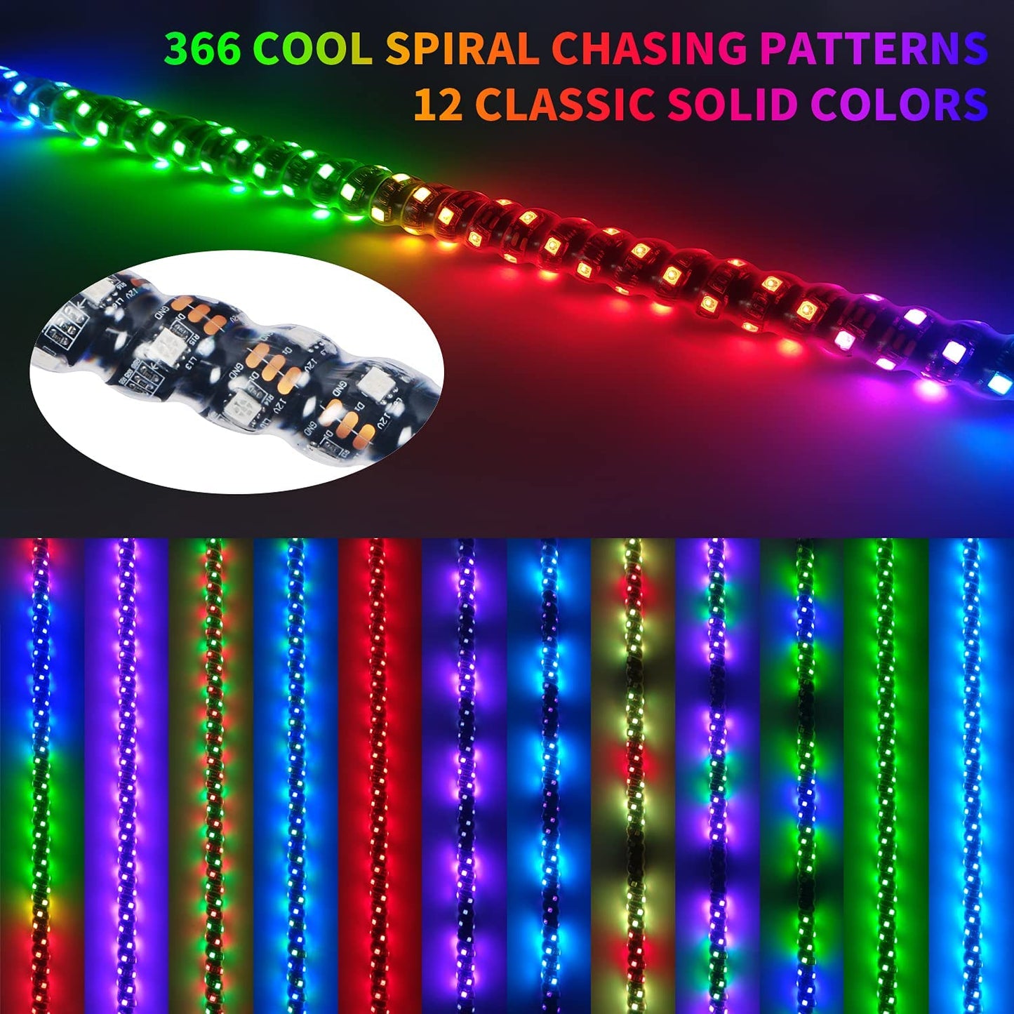 2Pcs 3/4 FT Sprial Chase RGB Whip Lights and 8 Rock Lights Cambo