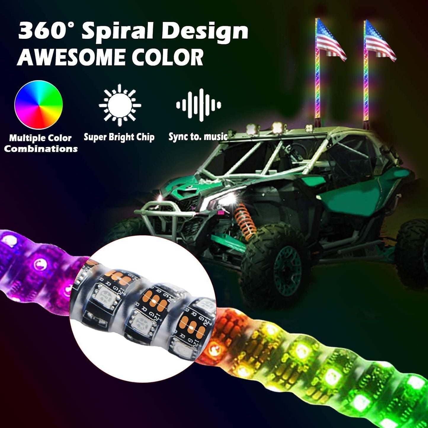 3/4FT 2Pcs Spiral RGB Whip Lights with 4 pods Rock Lights Cambo