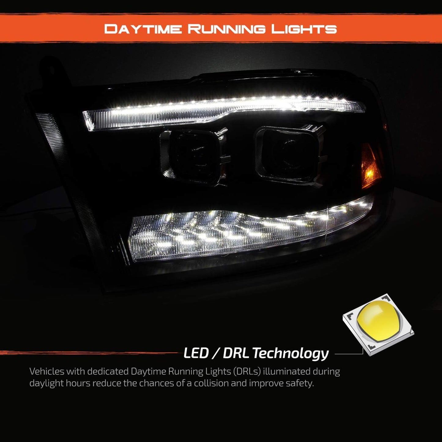 [Factory Upgrade] For 09-18 Dodge Ram 1500 2500 3500 LED DRL Headlights With Light bulbs