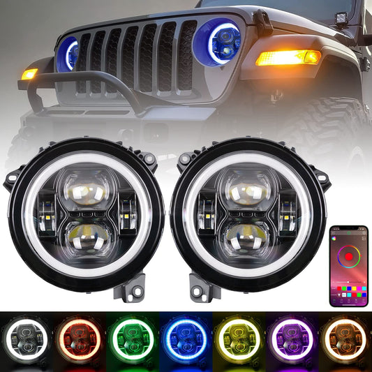9” Inch RGB halo Headlights with Bluetooth for 2018-2023+ Wrangler JL Gladiator JT Accessories