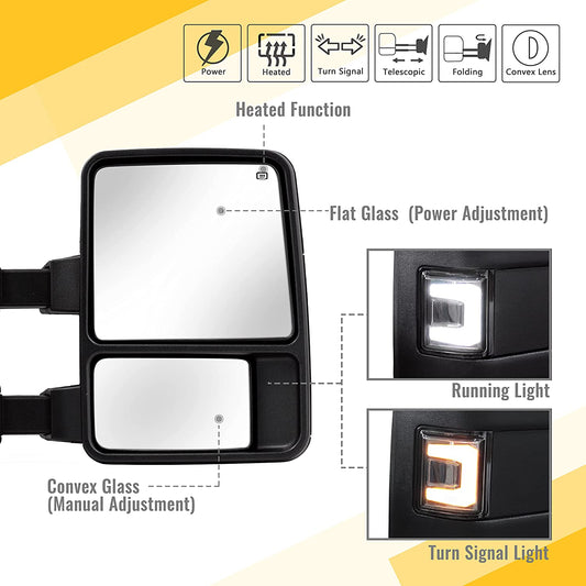C-type Smoke Lens Upgrade Towing Mirrors for 1999-2016 F250 F350 F450 F550 with Power Glass