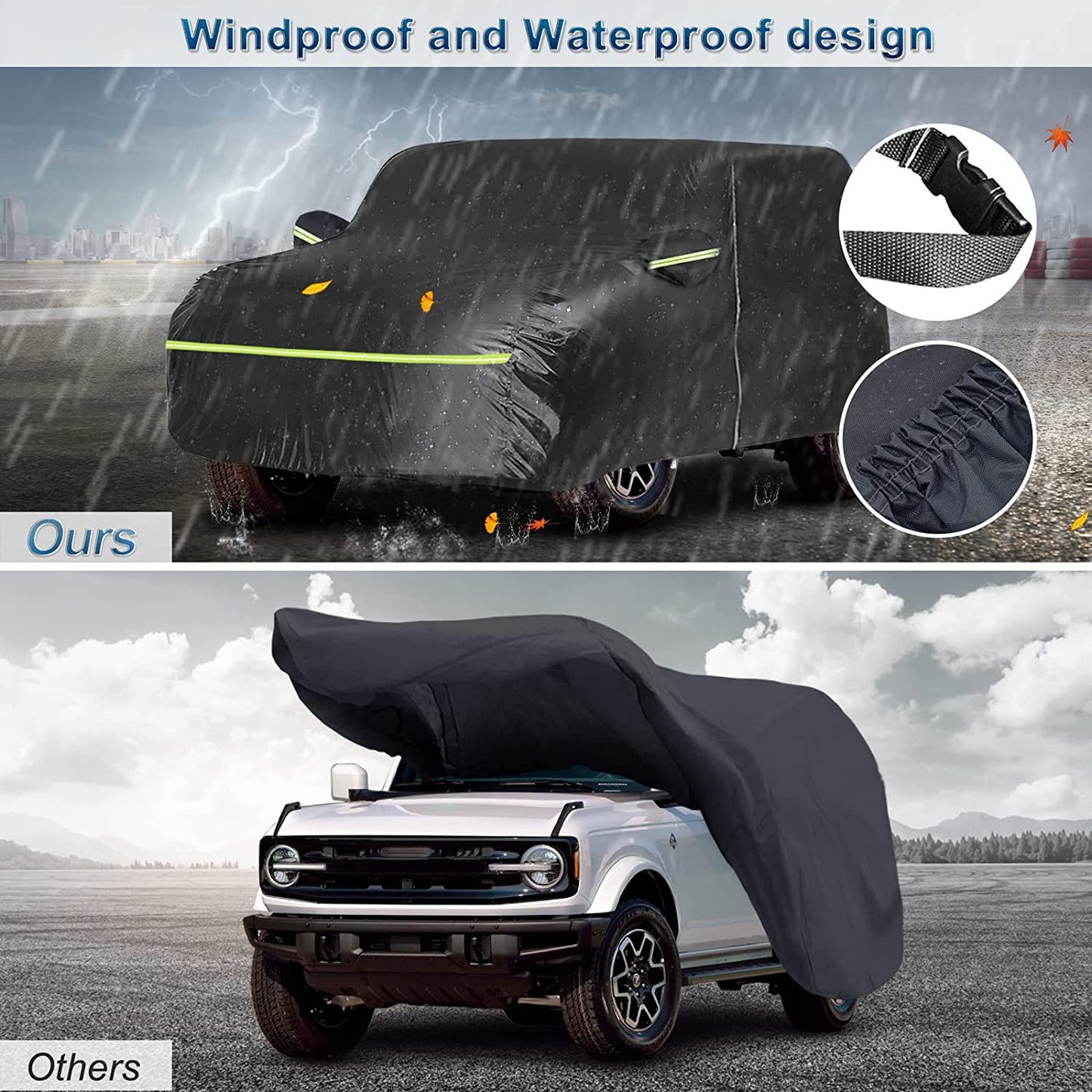6 Layer SUV Car Cover for 2021 2022 2023 Bronco 4 Door Car Cover Waterproof All Weather 210T Windproof