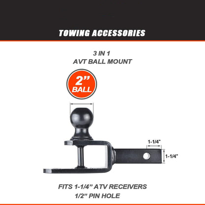 ATV Hitch Ball Mount 2 inch Ball with 1-1/4 inch Solid Shank, with 1/2 inch Pin & Clip, Rated 2000 lbs