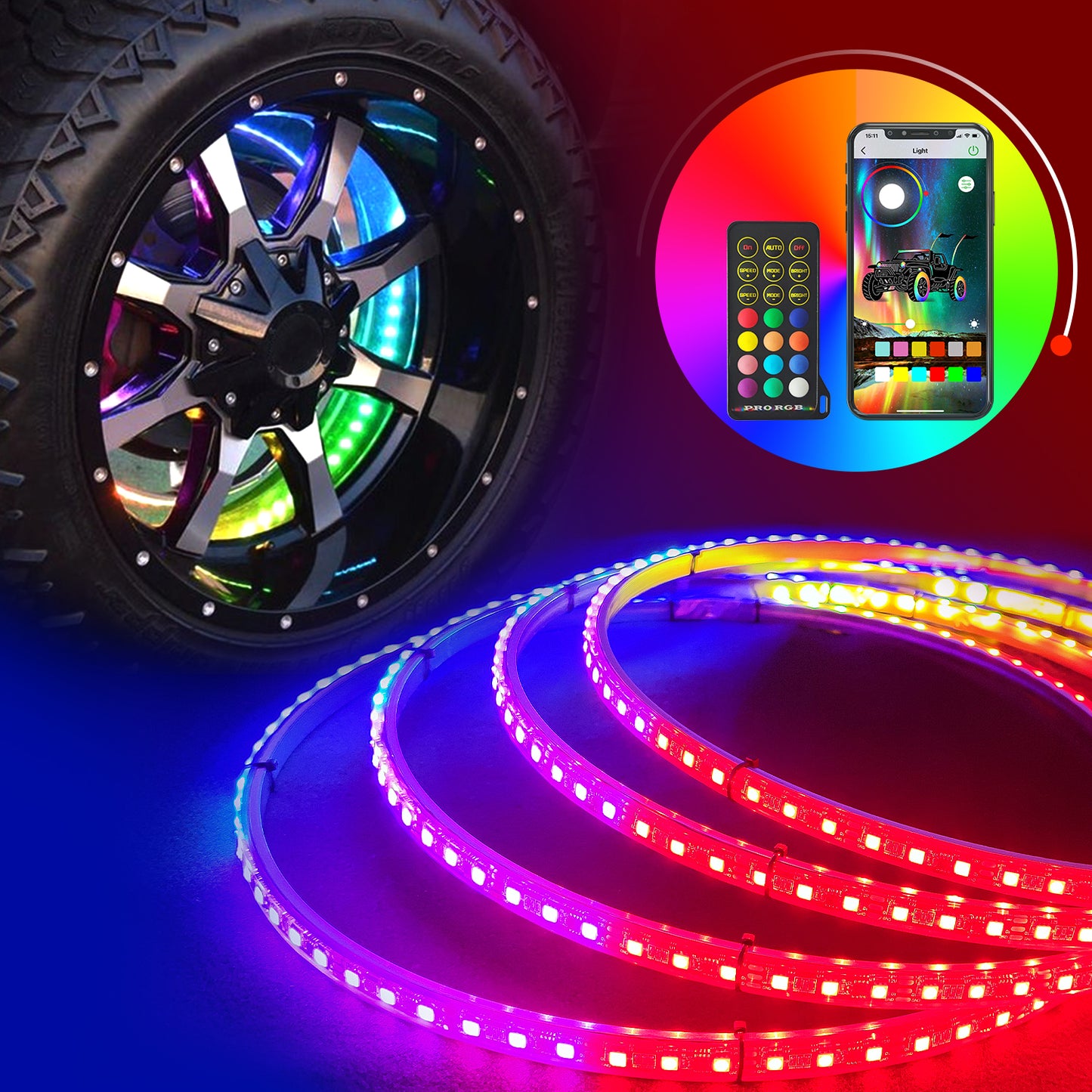 【EASY INSTALL】4Pcs 15.5 inch Led Wheel Ring Lighting Kit Single Row Chase Dancing Color Neon Rim Light with W/Turn Signal & Braking